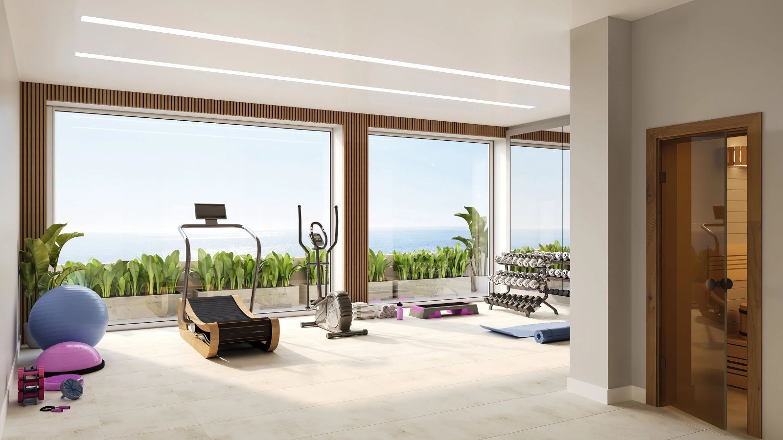 06 gym with ocean view fitness equipment sauna